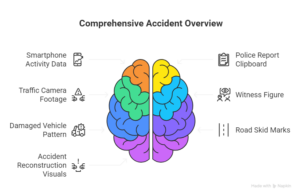 Accident investigation diagram showing how smartphone data, traffic cameras, witness accounts, skid marks, and vehicle damage support crash analysis.