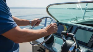 Boat captain steering a motorboat across calm water using marine navigation controls on a sunny day.