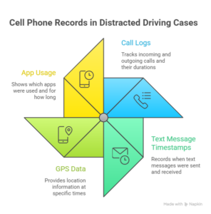 Infographic explaining how cell phone records are used in distracted driving cases, covering call logs, app usage, GPS data, and text message timestamps.