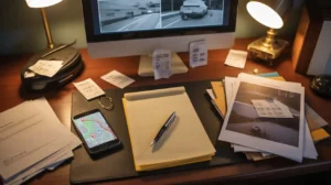 Desk with investigative materials including receipts, a smartphone showing a map, and documents with photographs of a vehicle.