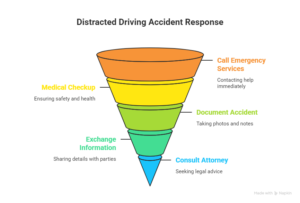 Funnel chart showing distracted driving accident response steps including calling emergency services, getting medical checkup, documenting the accident, exchanging information, and consulting an attorney.