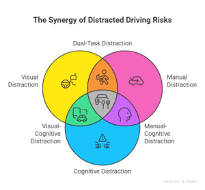 Venn diagram showing how visual, manual, and cognitive distractions overlap to explain distracted driving risks