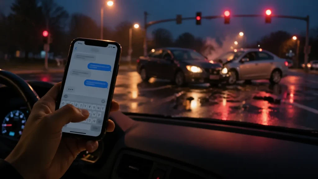 Driver texting on mobile phone while witnessing a car accident at an intersection during the night.