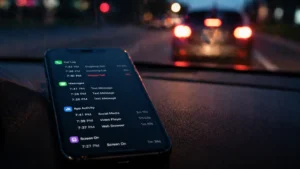 Driver's mobile phone screen showing recent call log, text messages, and app activity while waiting in traffic at night.