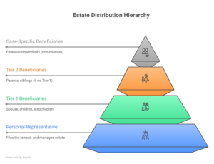 Estate distribution hierarchy showing different beneficiary tiers: Personal Representative, Tier 1 (spouse, children), Tier 2 (parents, siblings), and Case-Specific Beneficiaries (financial dependents).