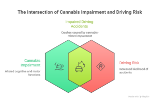 Venn diagram illustrating the intersection of cannabis impairment, driving risk, and impaired driving accidents.