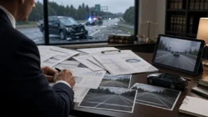 Lawyer reviewing car accident evidence with crash reports, road photos, dashcam footage, and vehicle data in a law office.
