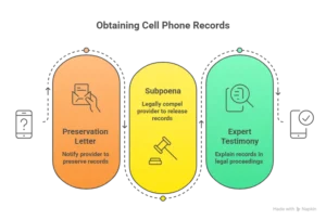 Infographic illustrating legal procedures for obtaining mobile phone records in distracted driving cases, including preservation letters, subpoenas, and expert testimony.