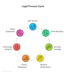Infographic illustrating the legal process cycle including bar service, drink receipts, security footage, police response, and other key stages.