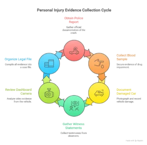 Infographic illustrating the steps in a legal process, including document collection, police report, evidence gathering, and witness observation
