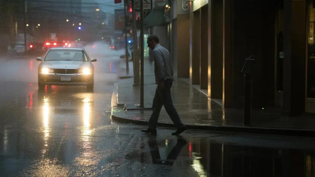 Man crossing a rain soaked city street at dusk with car headlights reflecting on wet pavement.