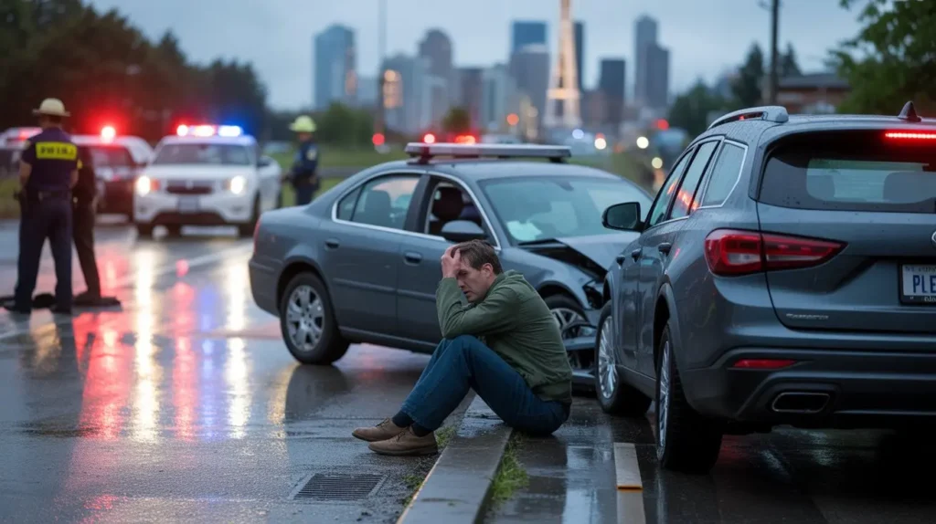 Man sitting on the roadside after a car accident with police officers at the scene in an urban area.