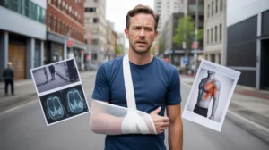 Man wearing an arm sling on a city street with highlighted shoulder injury and surrounding medical scan illustrations.