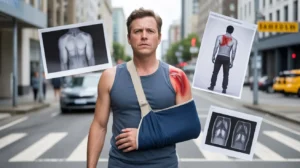 Man wearing an arm sling on a city street with highlighted shoulder injury and surrounding medical scan illustrations.