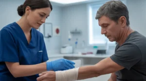 Nurse applying a bandage to a man's forearm during a medical visit in a clinic.
