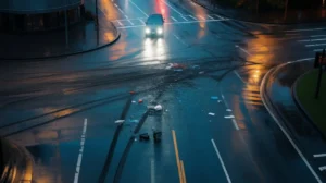 Overhead view of a road with tire marks and scattered debris after a car accident at night.