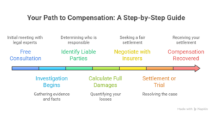 Step-by-step guide to compensation process: free consultation, identifying liable parties, negotiating with insurers, calculating damages, settlement or trial, and receiving compensation.