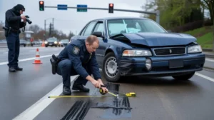 Police officer measuring skid marks beside a damaged blue sedan during a roadside accident investigation on a wet street.