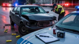 Police officer photographing a damaged car at a crime scene, with evidence markers and police equipment visible in the foreground.
