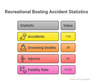 Infographic showing recreational boating accident statistics with 114 accidents, 28 drowning deaths, 52 injuries and a 13.2 percent fatality rate.