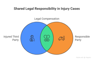Venn diagram illustrating shared legal responsibility in injury cases, showing the overlap between the injured third party, legal compensation, and the responsible party.