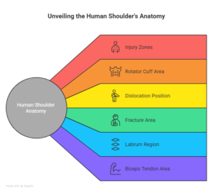 Shoulder anatomy infographic highlighting injury zones, rotator cuff area, dislocation position, fracture area, labrum region, and biceps tendon area.