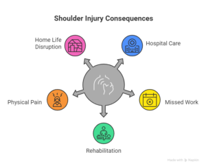 Shoulder injury consequences infographic showing physical pain, home life disruption, hospital care, missed work, and rehabilitation.