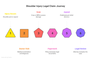 Timeline infographic showing the shoulder injury legal claim journey from injury and doctor visit to scan, paperwork, legal review, and appeal.