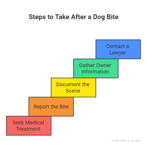 Step-by-step infographic showing five actions to take after a dog bite: Seek Medical Treatment, Report the Bite, Document the Scene, Gather Owner Information, and Contact a Lawyer.