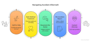 Infographic showing steps to take after a boating accident including calling for help, seeking medical treatment, documenting the scene, filing an accident report and contacting an attorney.