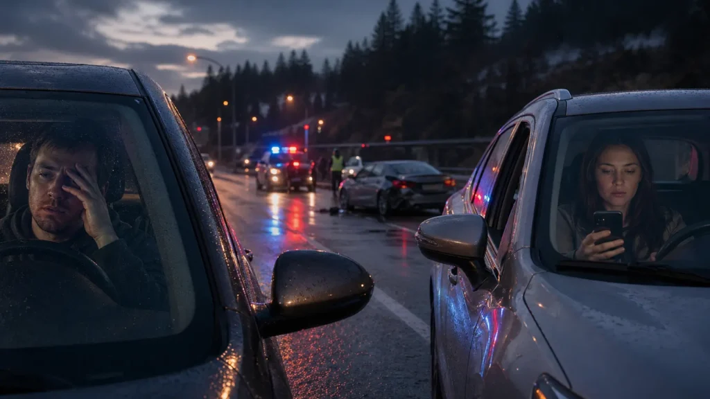 Tired driver and distracted driver on a rainy roadway with police lights and a damaged vehicle after a serious car accident.
