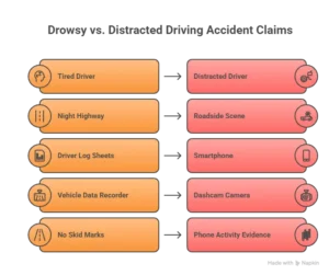 Infographic comparing tired driver and distracted driver accident evidence, including driver logs, smartphone use, dashcam footage, and phone activity records.