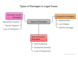 Diagram showing types of damages in legal cases including wrongful death, economic, and non-economic damages.