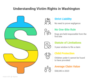 Infographic explaining victim rights in Washington for dog bite cases including strict liability statute of limitations and average claim value.