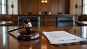 Wooden gavel and legal document on a courtroom table with a blurred courtroom background.