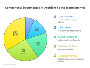 Infographic showing accident scene documentation components including car positions, skid marks, road conditions, evidence folders, and medical records.