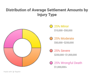 Donut chart showing average settlement amounts by minor, moderate, severe, and wrongful death injury types