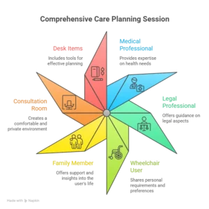 Comprehensive care planning session diagram showing medical professionals, legal guidance, family support, wheelchair users, and consultation planning.