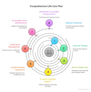 Circular infographic of comprehensive life care plan showing medical treatment, physical therapy, mental health care, in-home caregiver support, durable medical equipment, medication management, accessible home modifications, and wheelchair-accessible transportation.