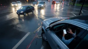 Driver distracted by smartphone at busy wet intersection with traffic and headlights in rainy conditions