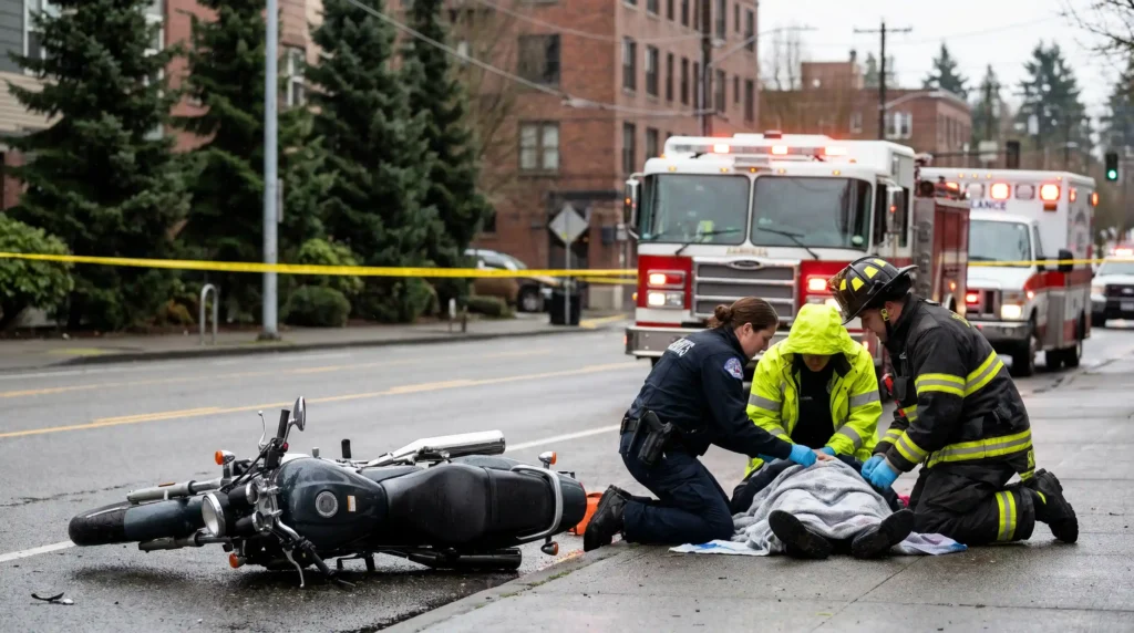 Emergency responders helping an injured motorcycle accident victim on a wet city street.