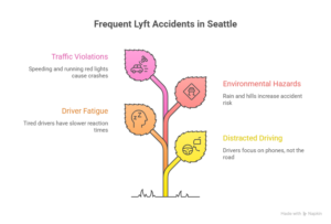 Infographic illustrating common causes of Lyft accidents in Seattle including traffic violations, driver fatigue, environmental hazards, and distracted driving