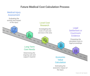 Flowchart showing steps for future medical cost calculation including injury assessment, long-term care, local cost research, economic value calculation, and legal settlement.