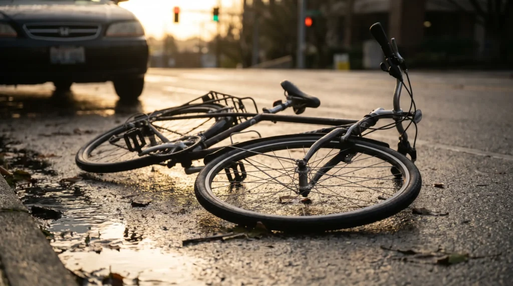 Injured cyclist standing near a damaged bicycle after a city street accident with emergency responders nearby.