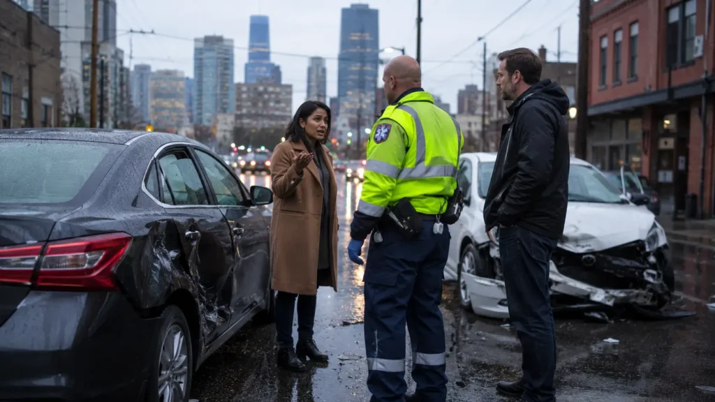Injured rideshare passenger speaking with a paramedic beside two damaged cars on a rainy city street after an accident.