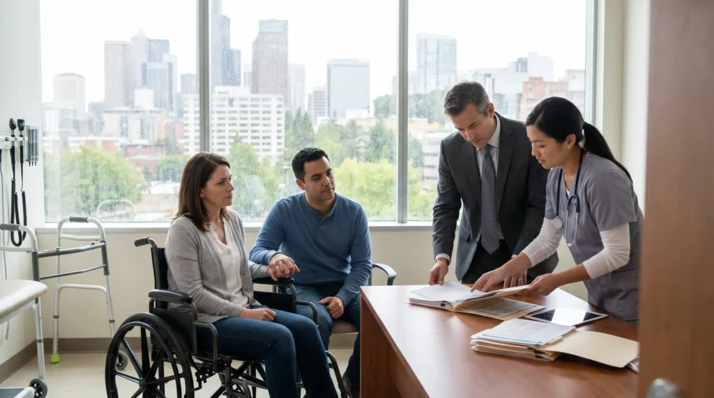 Medical professionals and attorney discussing life care plan with patients in a hospital room to ensure proper care and legal documentation.