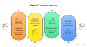 Personal injury settlement process showing medical treatment, evidence collection, demand letter, and negotiation steps.
