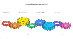 Step-by-step post-accident guide for Lyft drivers represented with interlocking colorful gears showing check injuries, move to safety, collect information, report accident, and contact lawyer.