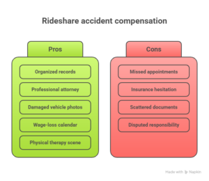 Diagram comparing pros and cons of rideshare accident compensation including attorney support, organized records, and insurance challenges.