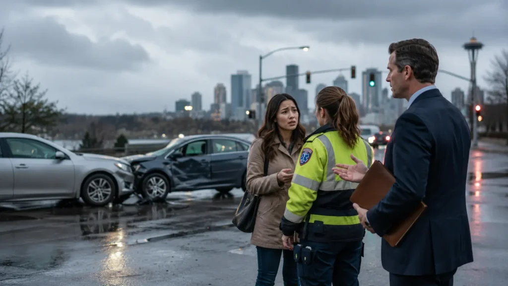 Rideshare passenger speaking with paramedic while attorney observes near minor collision on rainy Seattle street.